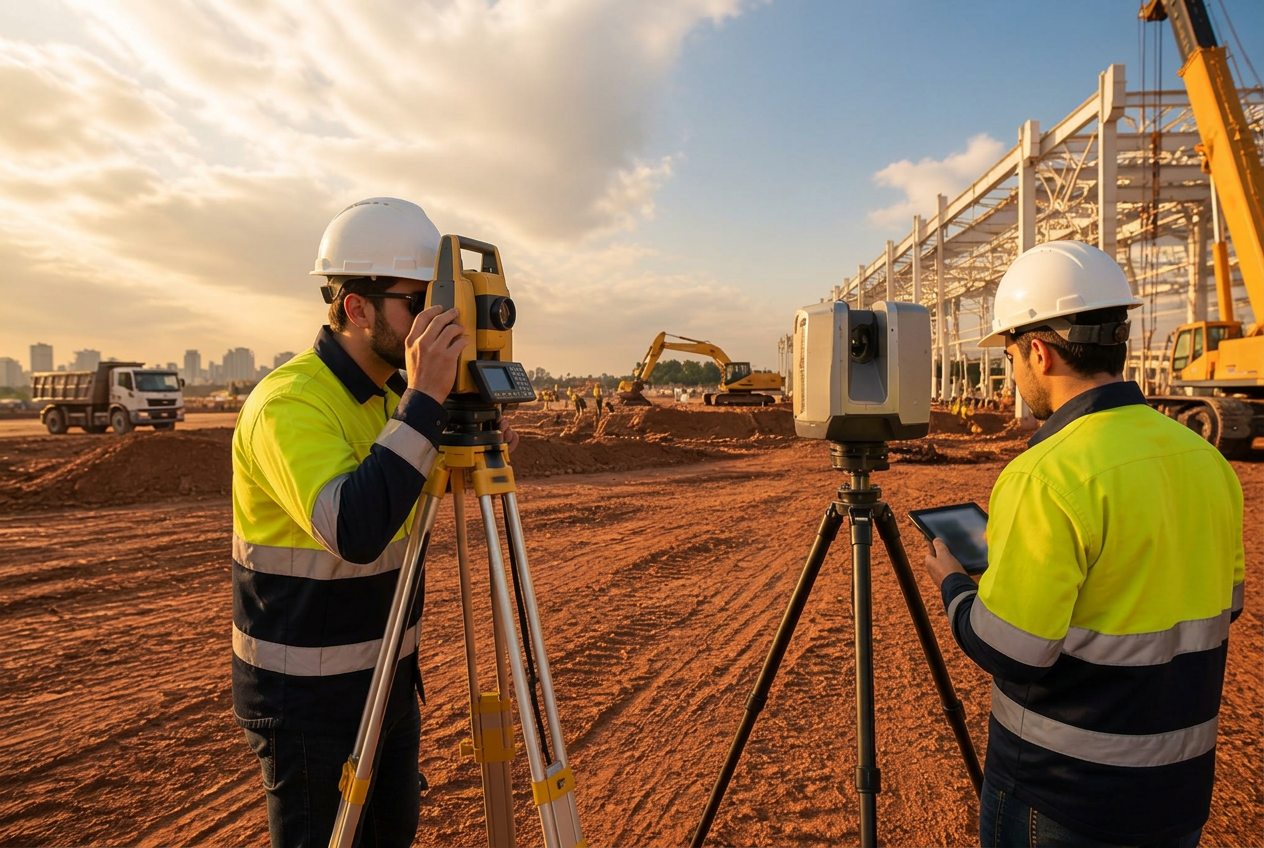 Engenheiros conferindo medidas divergentes em obra